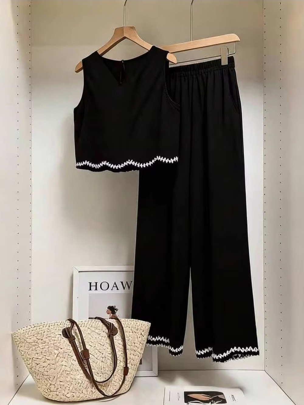 SHEIN Black Wide-Leg Pants & Sleeveless Crop Top Set with White Trim